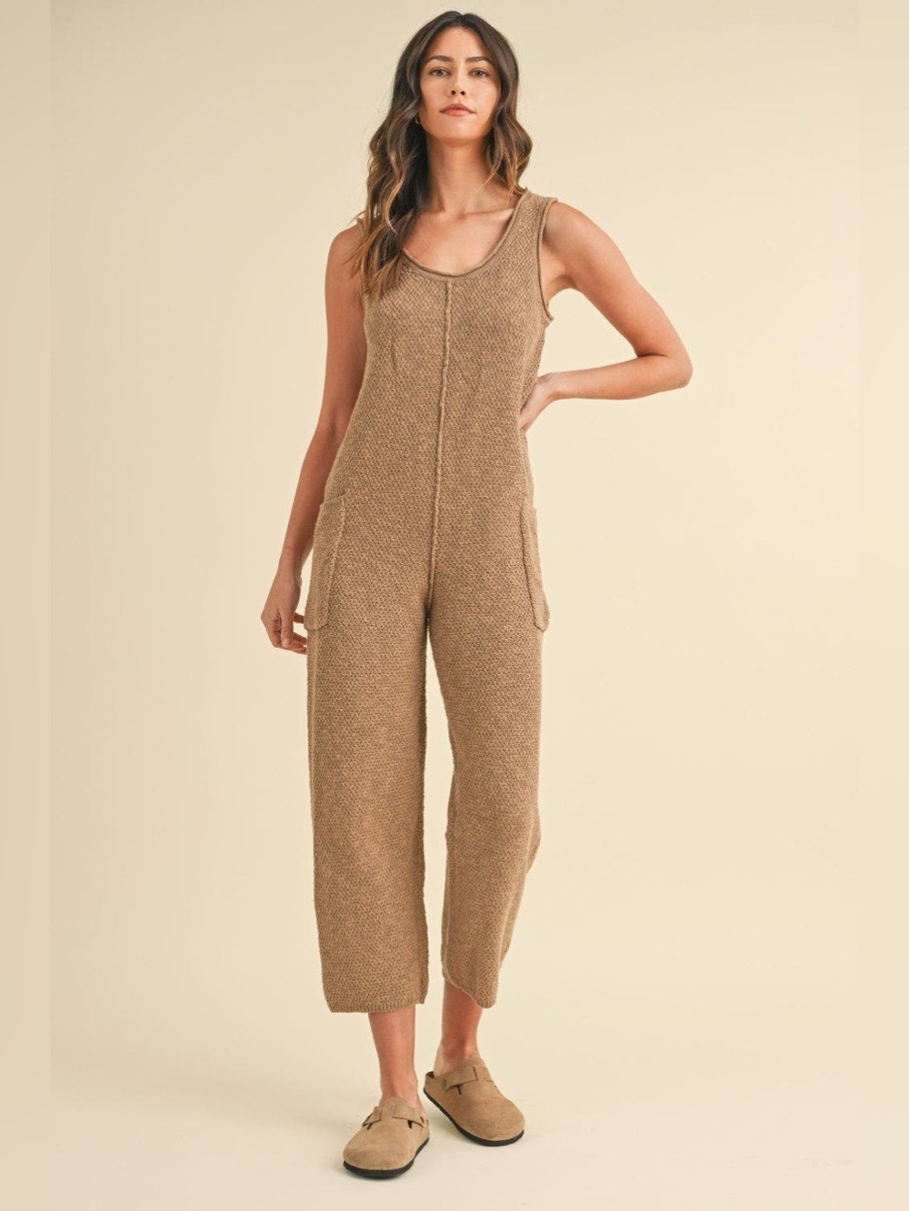 NWT MABLE Sleeveless Knit Wide Leg Jumpsuit with Pockets Brown